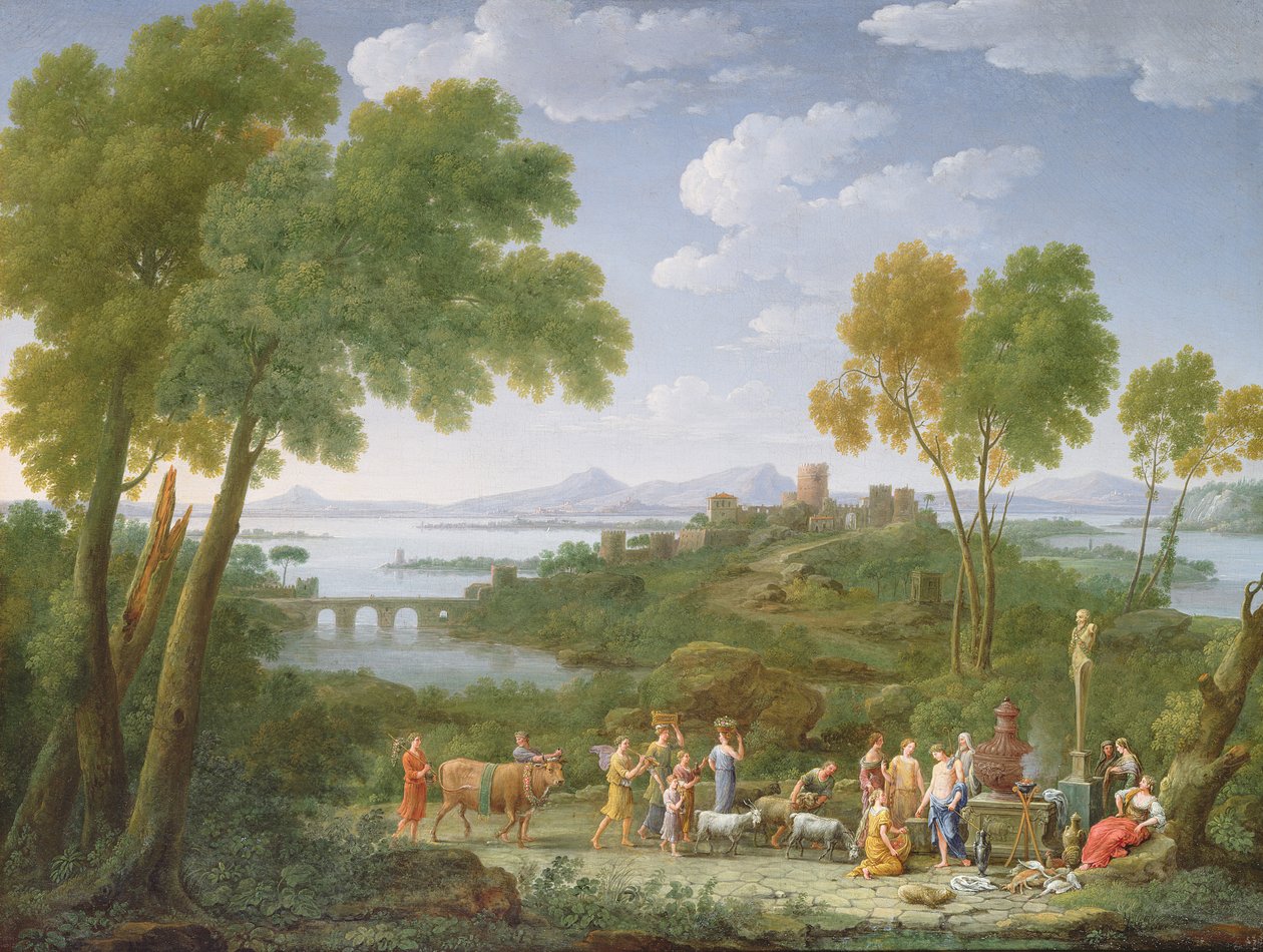 Weitläufige italienische Landschaft mit einem Opfer, 1728 von Hendrik van Lint