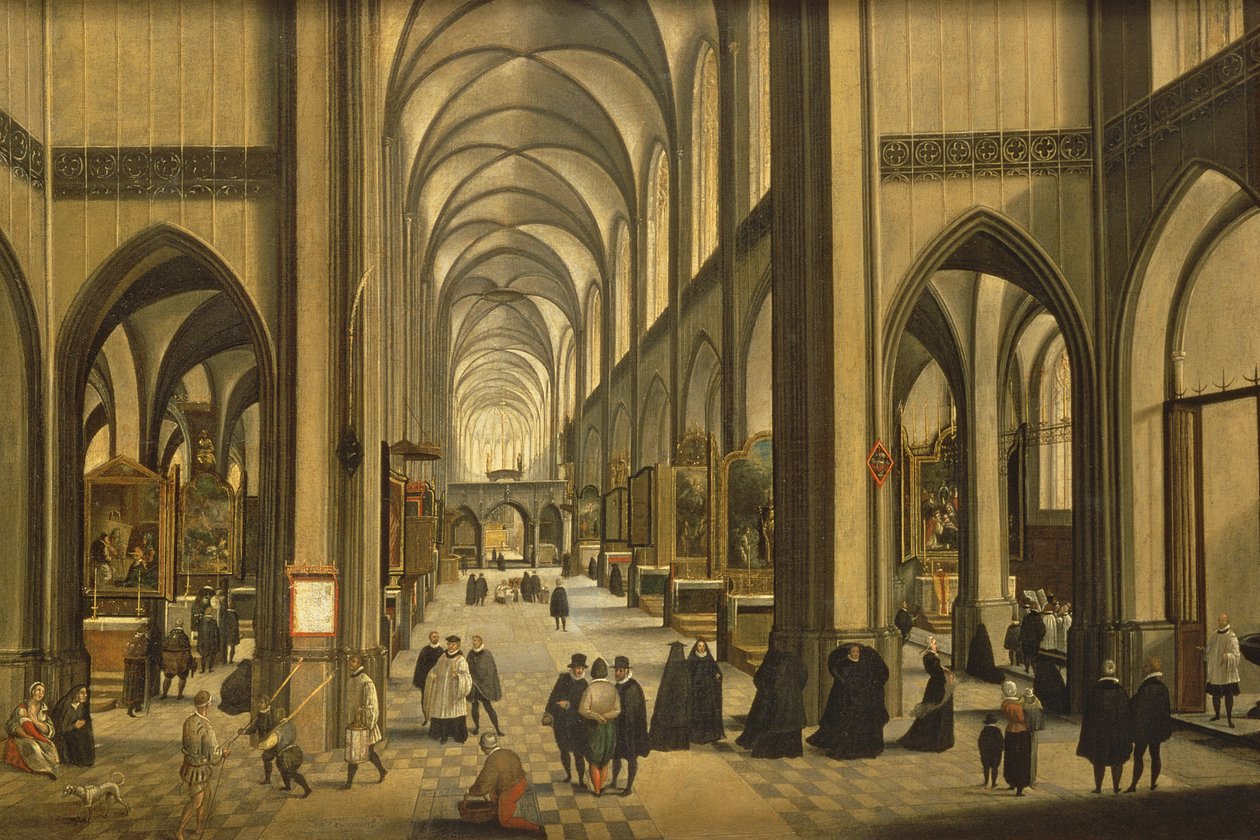 Innenansicht der Kathedrale von Antwerpen mit den sieben Sakramenten, 1590 von Hendrik van Steenwyck