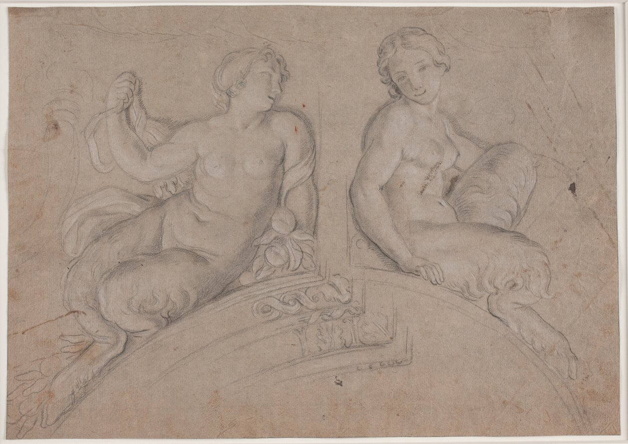 Zwei weibliche Satyrfiguren (Faune) auf einem Segmentbogen von Hendrik Krock