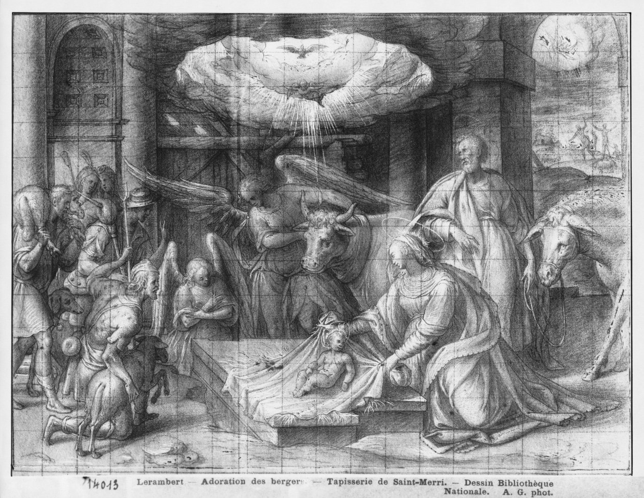 Leben Christi, Anbetung der Hirten, vorbereitende Studie für den Wandteppichentwurf für die Kirche Saint-Merri in Paris, um 1585-90 von Henri Lerambert