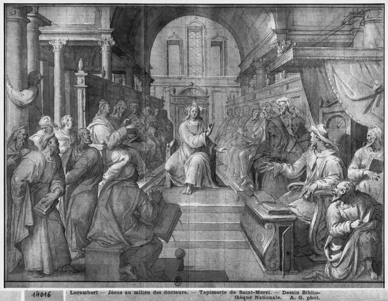 Leben Christi, Jesus unter den Doktoren, vorbereitende Studie eines Wandteppich-Kartons für die Kirche Saint-Merri in Paris, ca. 1585-90 von Henri Lerambert