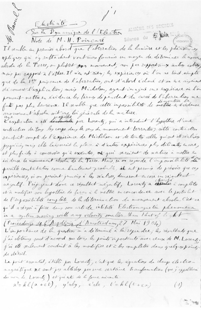 Manuskript über Elektronendynamik, 5. Juni 1905 von Henri Poincare