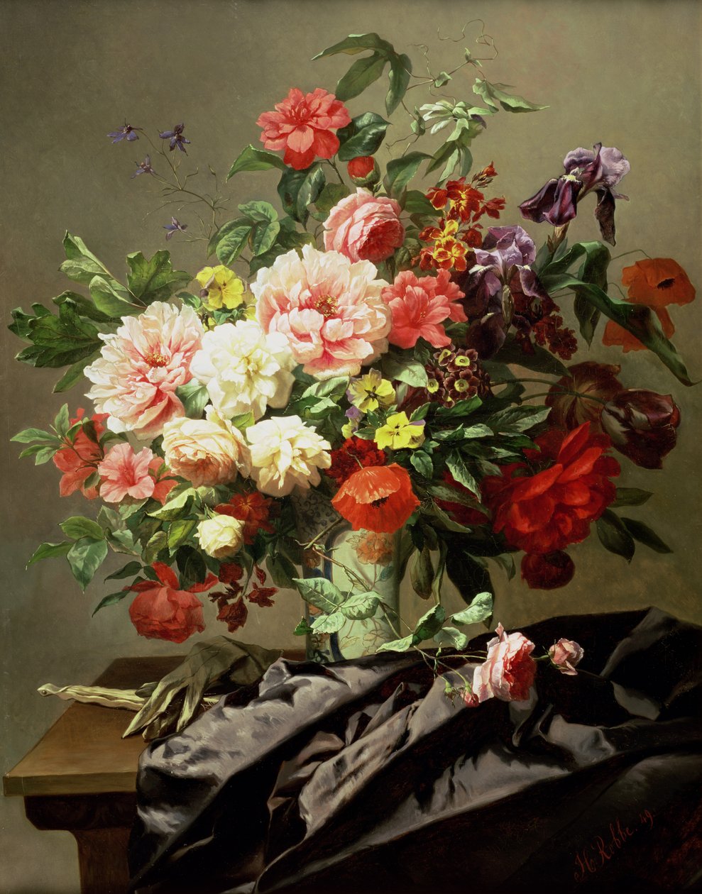 Pfingstrosen, Mohn und Rosen, 1849 von Henri Robbe