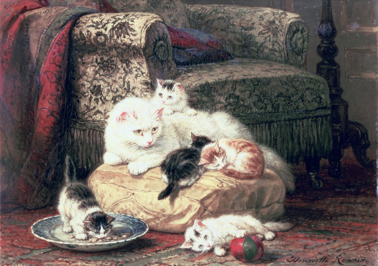 Katze mit ihren Kätzchen auf einem Kissen von Henriëtte Ronner Knip