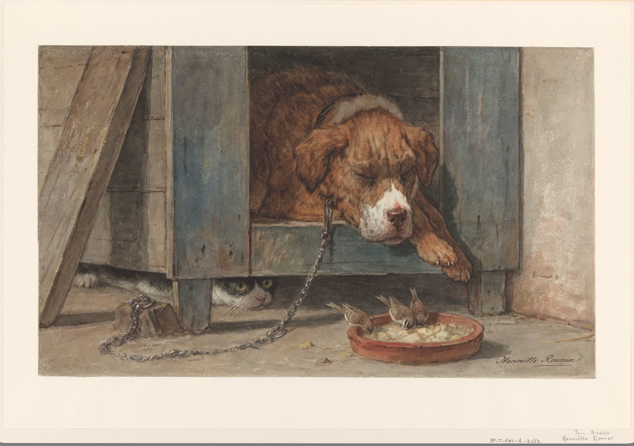Katze beobachtet Vögel bei einem schlafenden Hund von Henriëtte Ronner