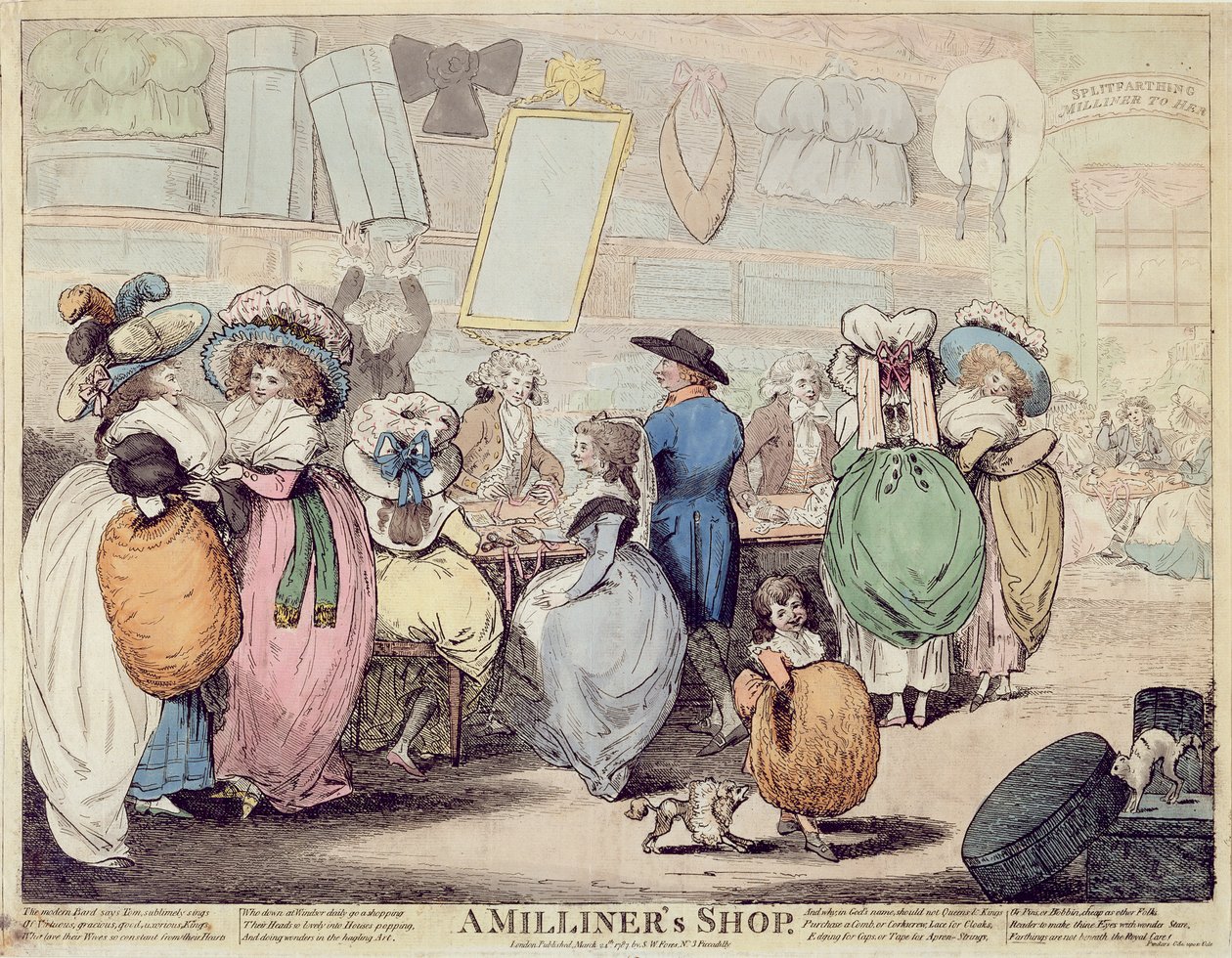 Ein Modistengeschäft, veröffentlicht 1787 (handkolorierte Radierung) von Henry Kingsbury
