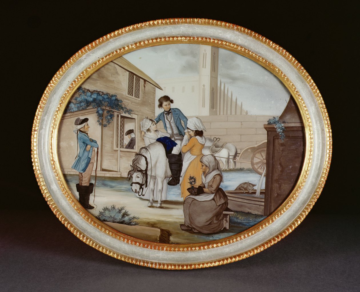 Eine Hinterglasmalerei zeigt eine Abschiedsszene vor einer Taverne, Qianlong-Periode (1736-95) ca. 1790 von Henry W. Banbury