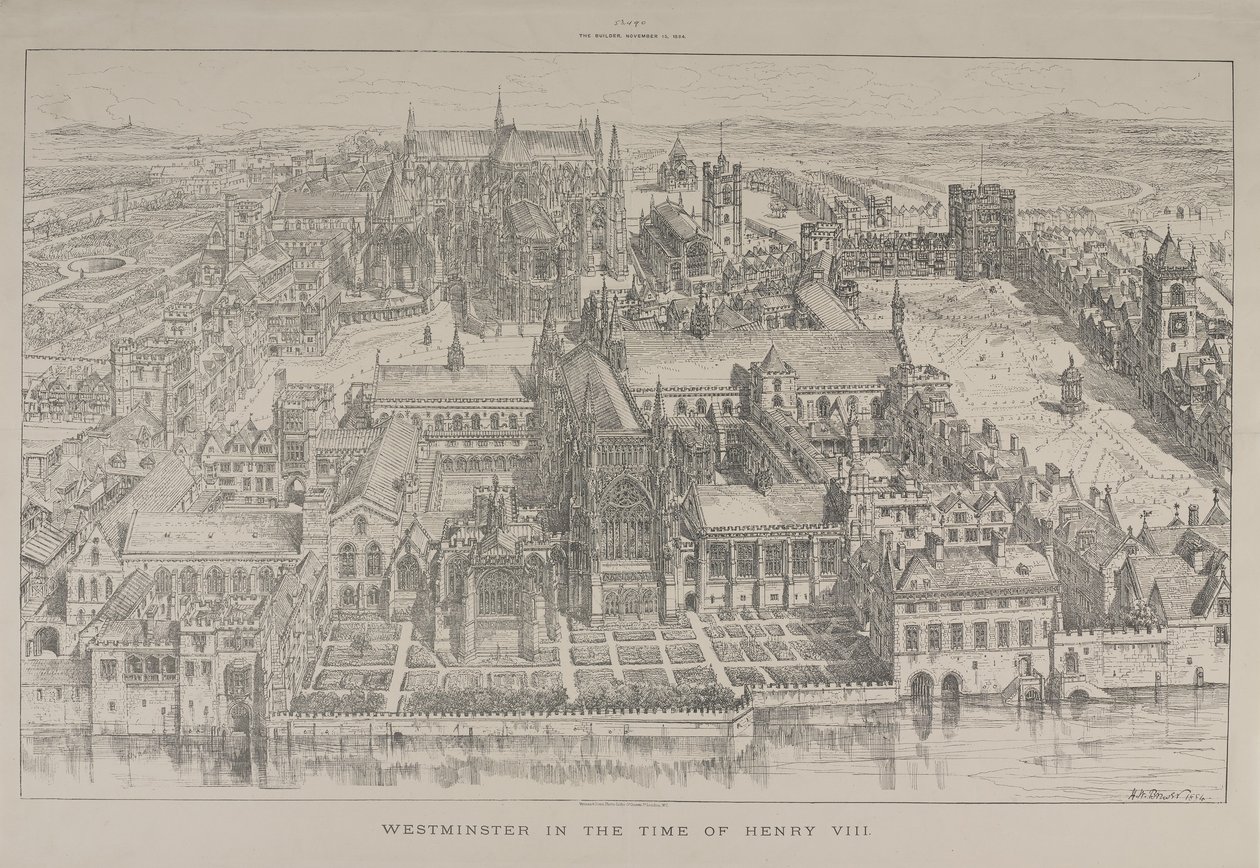 Luftaufnahme der Westminster Abbey und des Palace of Westminster zur Zeit von Heinrich VIII., 1884 von Henry William Brewer
