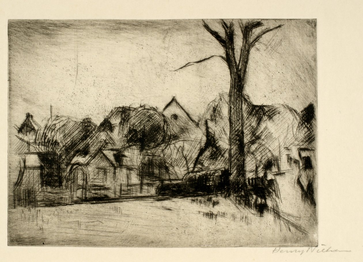 Landschaft mit hohem Baum und Häusern von Henry Nielsen