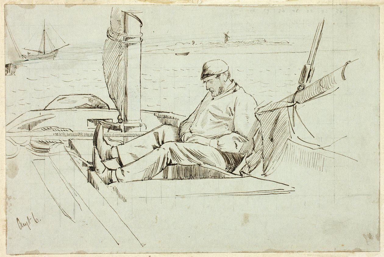 Mann sitzt in einem Segelboot von Henry Stacy Marks