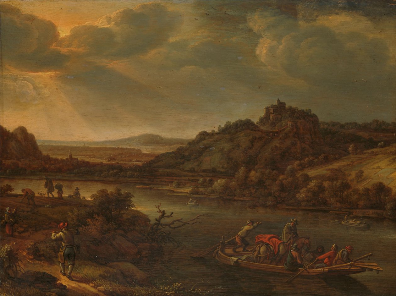 Flussansicht mit Fähre von Herman Saftleven