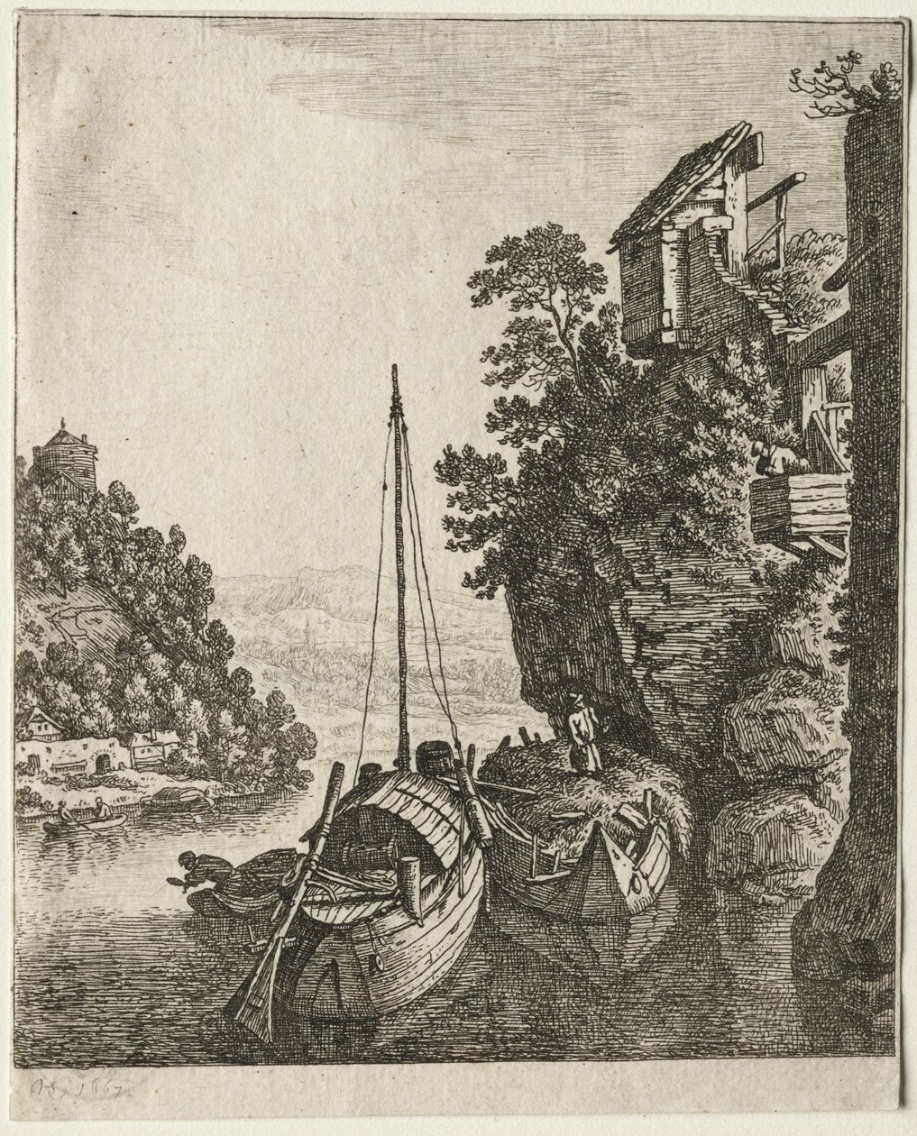 Zwei Boote unter einem Felsen vertäut von Herman Saftleven