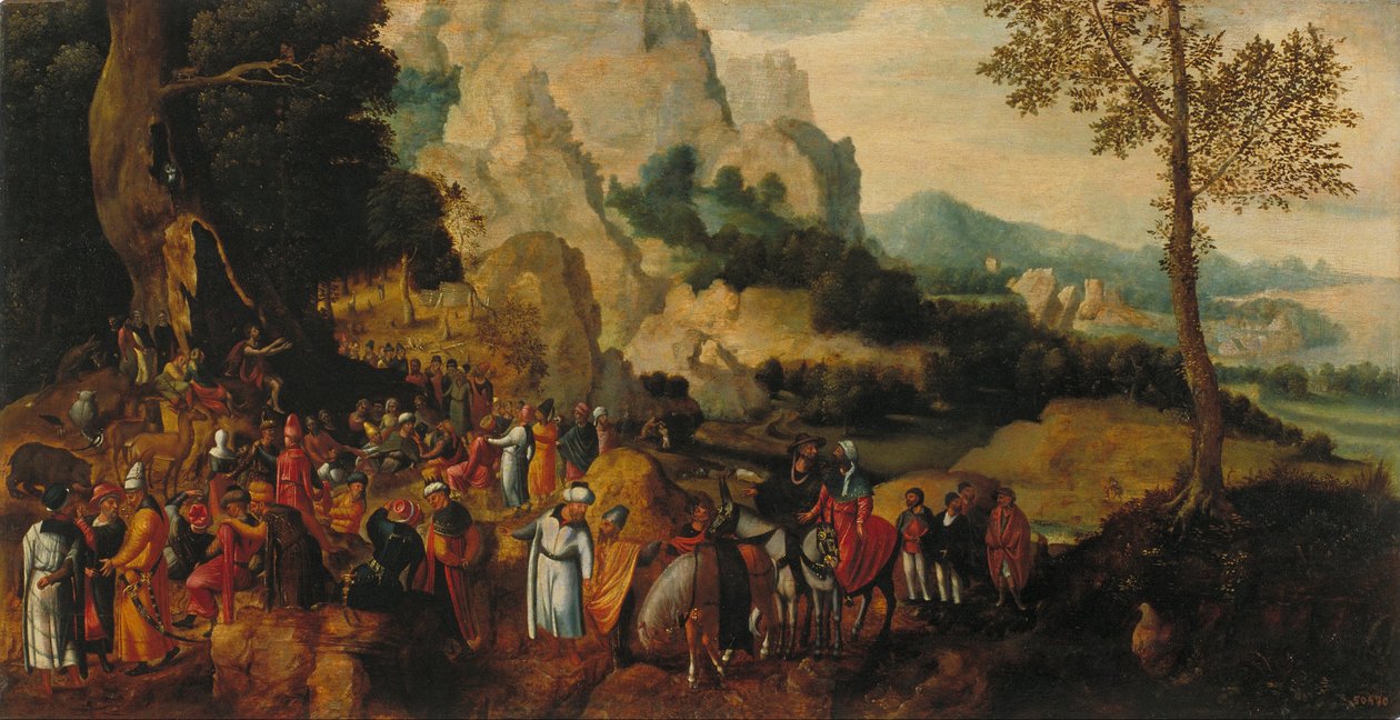 Landschaft mit Johannes dem Täufer predigend von Herri met de Bles