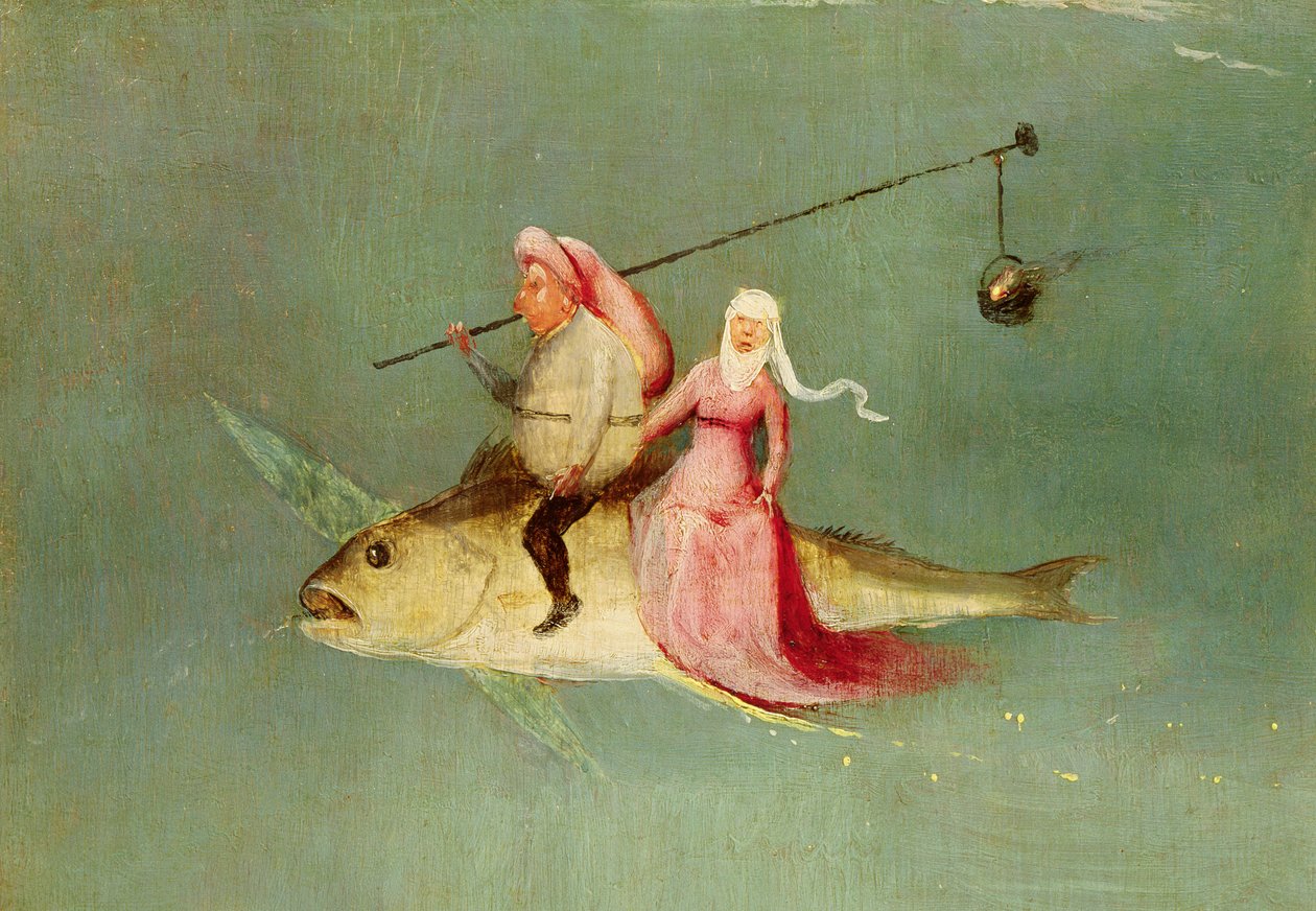 Die Versuchung des heiligen Antonius, rechte Tafel, Detail eines Paares, das auf einem Fisch reitet von Hieronymus Bosch