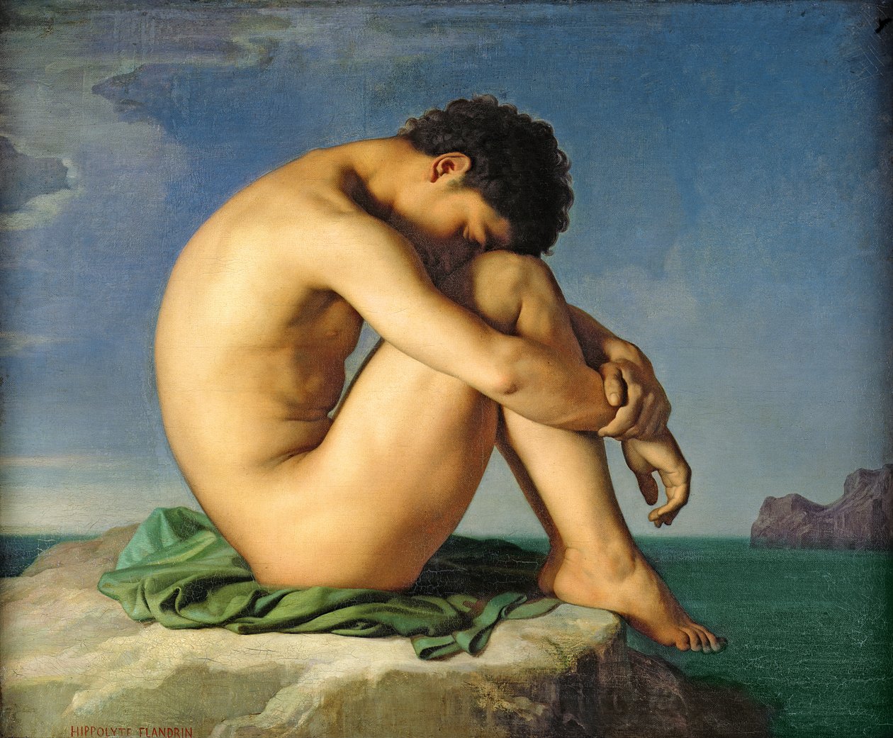 Nackter junger Mann am Meer sitzend, 1836 von Hippolyte Flandrin