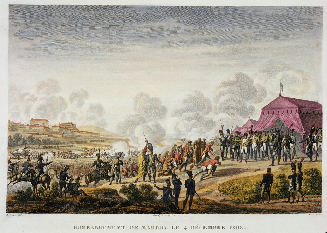 Die Bombardierung von Madrid, 4. Dezember 1808, graviert von Edme Bovinet (Aquatinta) von Hippolyte Lecomte