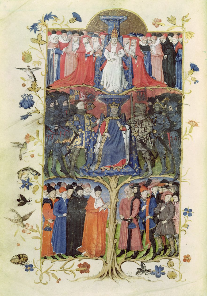 Ms 2695 f.6v Der Baum der Schlachten: König Karl VII. (1403-61) zwischen dem Dauphin, dem zukünftigen Ludwig XI. (1423-83) zu seiner Rechten und zu seiner Linken, Arthur, Graf von Richmond, Konstabler von Frankreich (1425-58) und D von Honore Bonnet