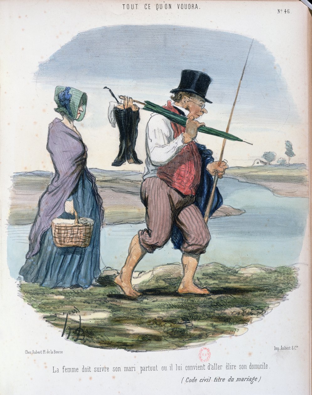 Karikatur, die Kapitel VI der Rechte und Pflichten der Ehegatten im französischen Code Civil, verkündet von Napoleon im Jahr 1804, verspottet, um 1840-50 von Honoré Daumier
