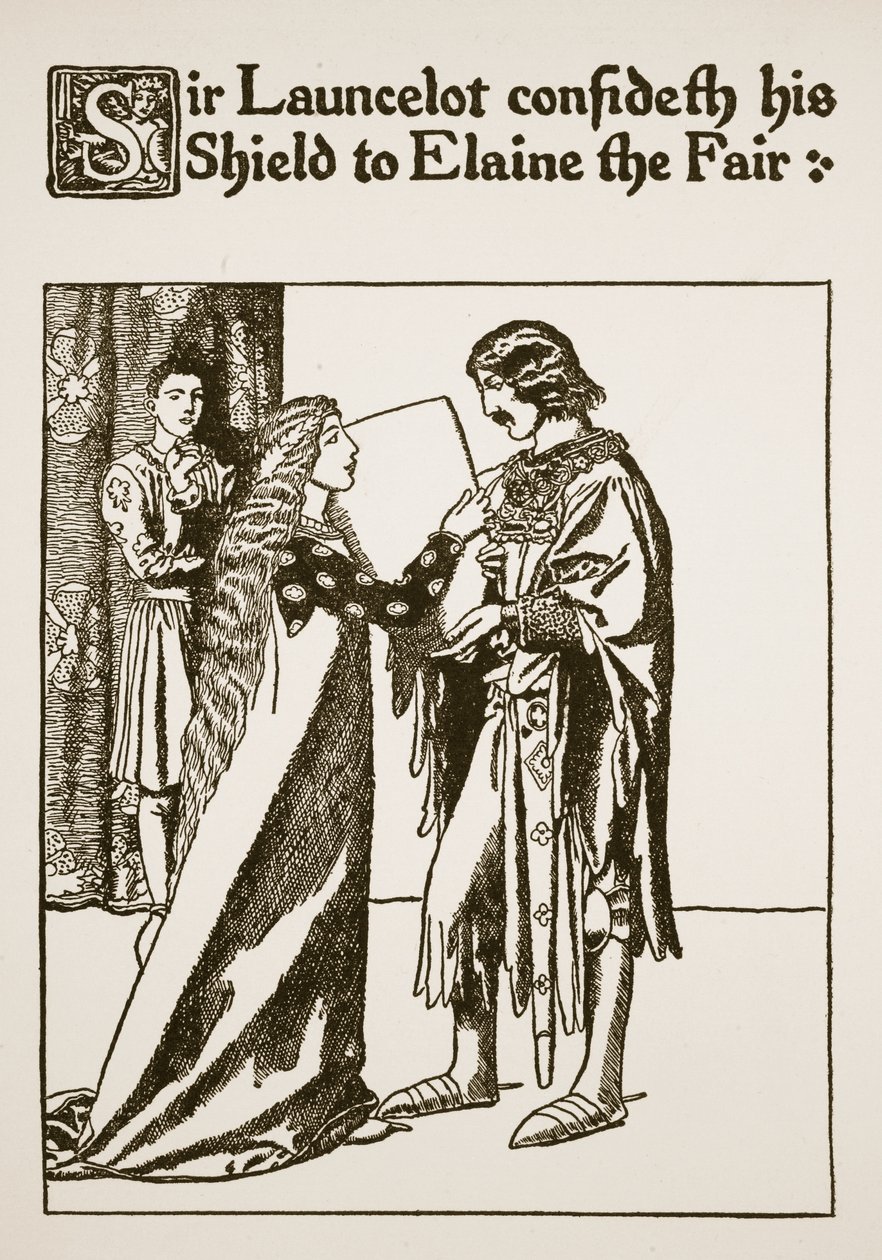 Sir Launcelot vertraut Elaine der Schönen sein Schild an, Illustration aus 