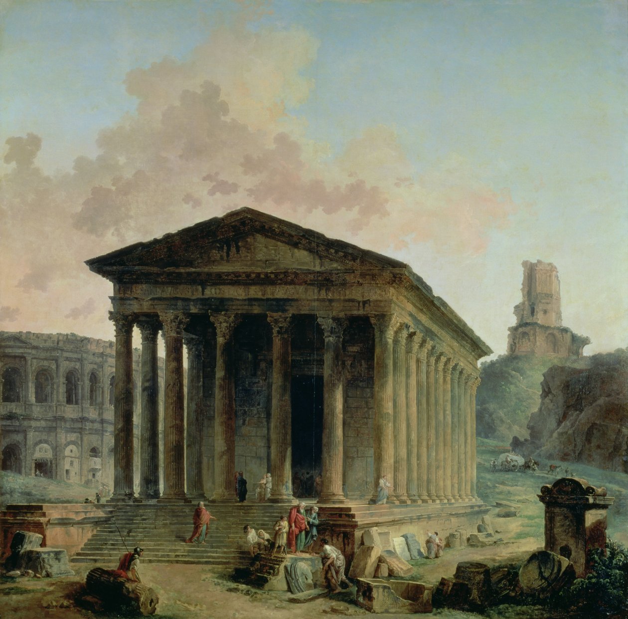 Die Maison Carrée mit dem Amphitheater und dem Tour Magne in Nîmes, 1786-87 von Hubert Robert