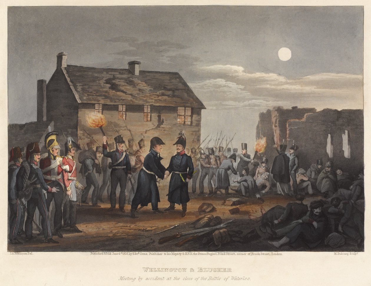 Wellington und Blücher treffen sich zufällig am Ende der Schlacht von Waterloo, graviert von M. Dubourg, 1819 von I. M. Clark