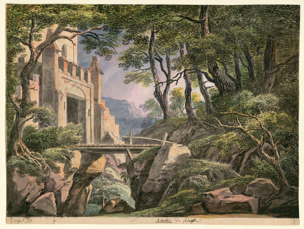 Skizze für das Bühnenbild des ersten Akts, Oper Lodoïska von Cherubini, erstmals aufgeführt im Théâtre Feydeau in Paris am 18. Juli 1791 von Ignazio Degotti