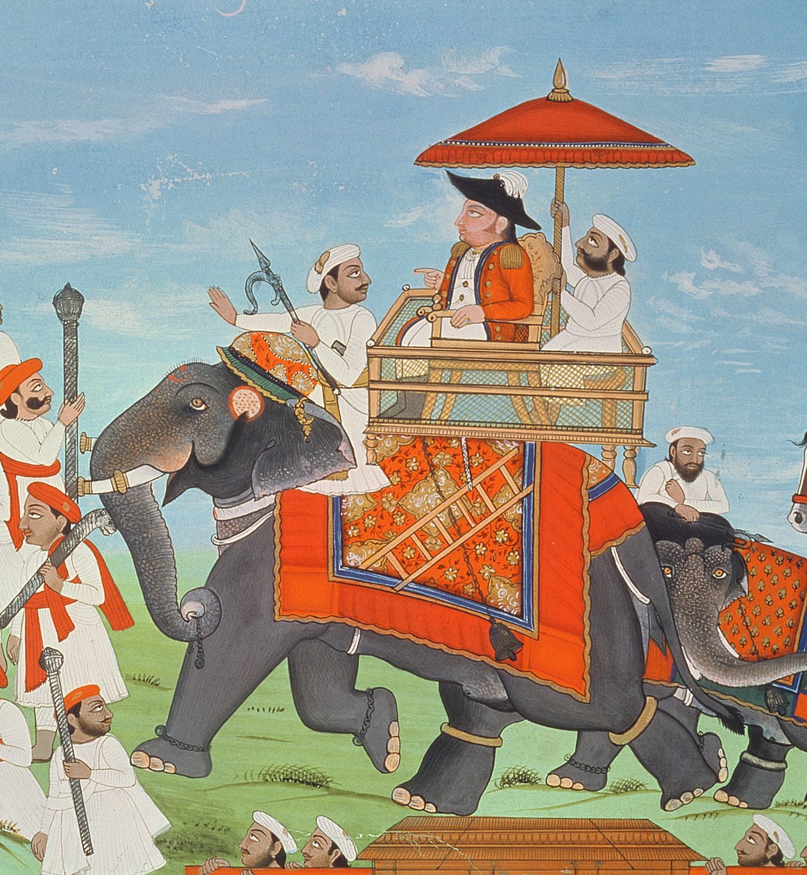 Oberst James Tod reist mit seiner Kavallerie und Sepoys auf einem Elefanten durch Rajasthan (Detail) von Indian School