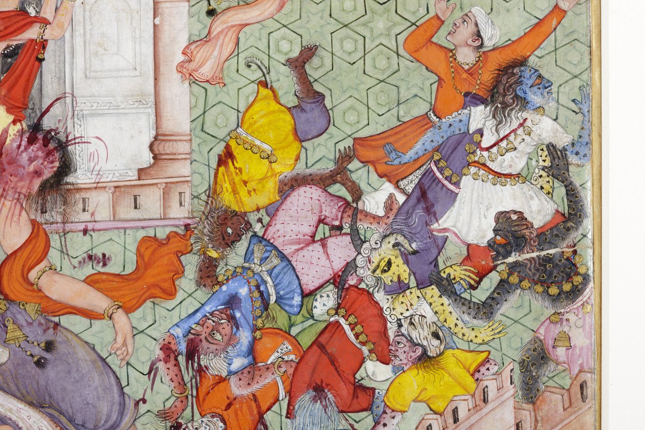 Detail von Krishna spaltet den Dämon Narakasura mit seinem Diskus, ca. 1585-90 von Indian School