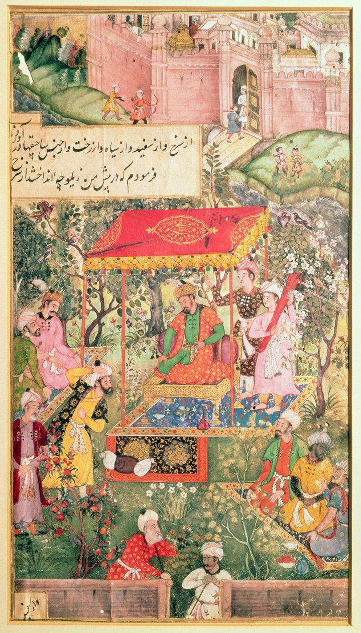 Der Mogul-Kaiser Babur empfängt die Gesandten Uzbeg und Rauput im Garten von Agra am 18. Dezember 1528, der Kaiser sitzt auf einem Thron unter einem Baldachin; die Befestigungen von Agra sind im Hintergrund von Indian School