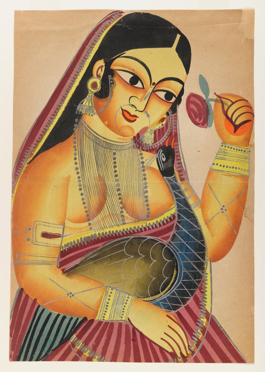 Göttin Lakshmi mit einer Rose und einem Pfau von Indian School