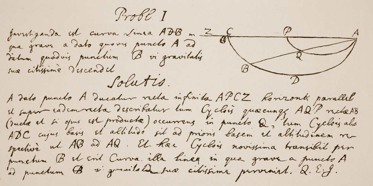 Faksimile der Lösung des Problems der Brachystochrone, oder Kurve des schnellsten Abstiegs von Isaac Newton