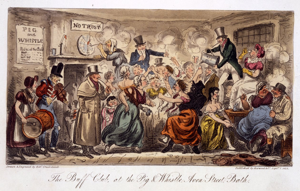 Der Buff Club im Pig and Whistle, Avon Street, Bath, aus The English Spy, veröffentlicht in London, 1825 von Isaac Robert Cruikshank