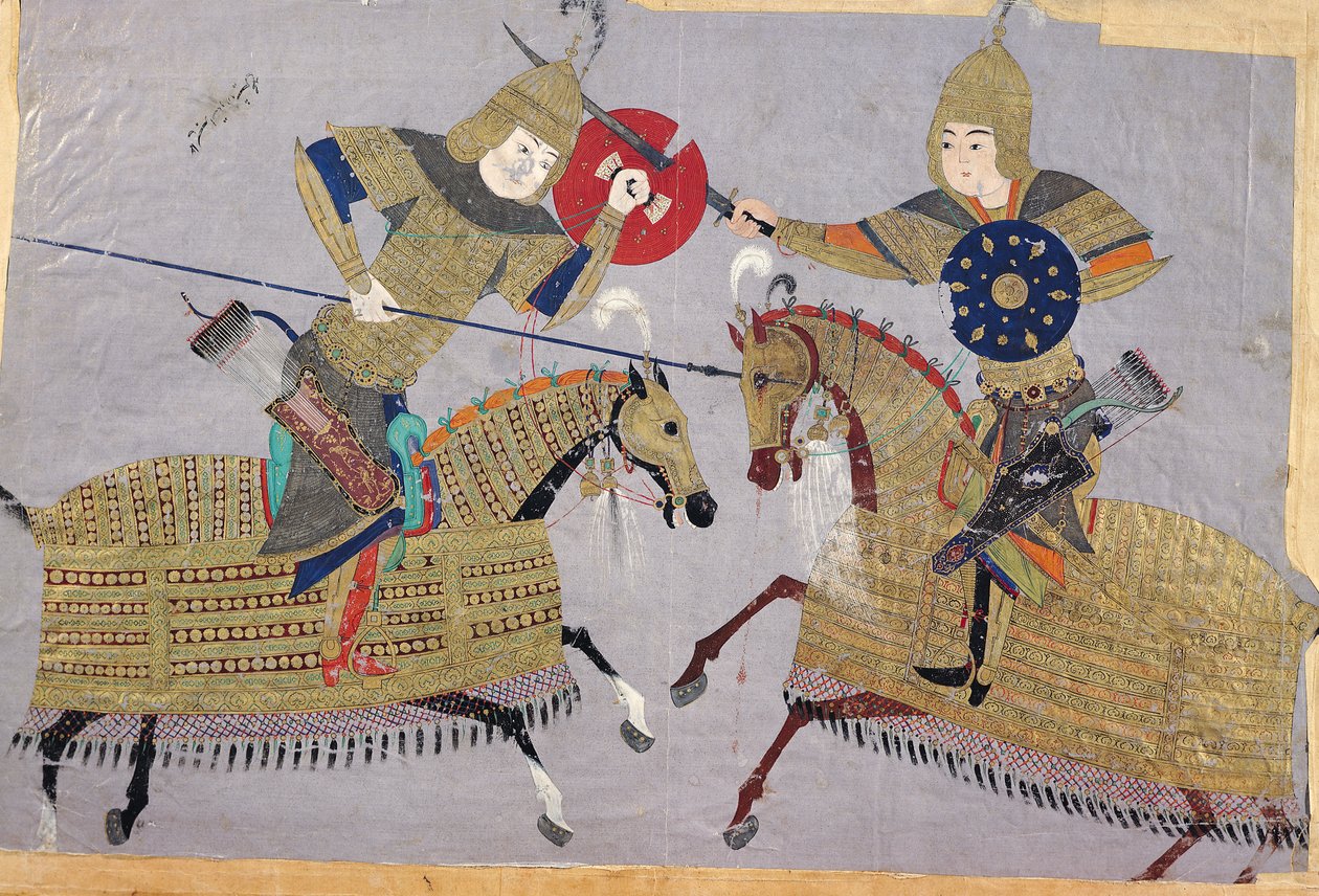 Zwei Krieger zu Pferd im Kampf, Schule von Tabriz, c.1480 von Islamic School