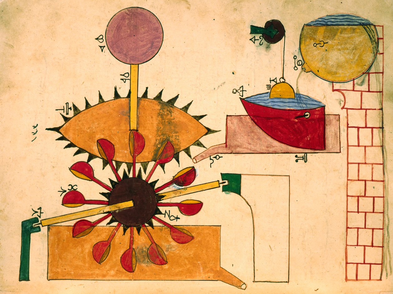 Wasserbetriebene Uhr, Miniatur, islamische Kunst von Islamic School