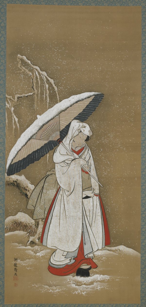 Winter: eine junge Frau, die im Schnee geht, Edo-Periode, ca. 1772-80 von Isoda Koryusai