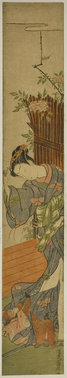 Junge Frau mit Haustieraffe von Isoda Koryusai