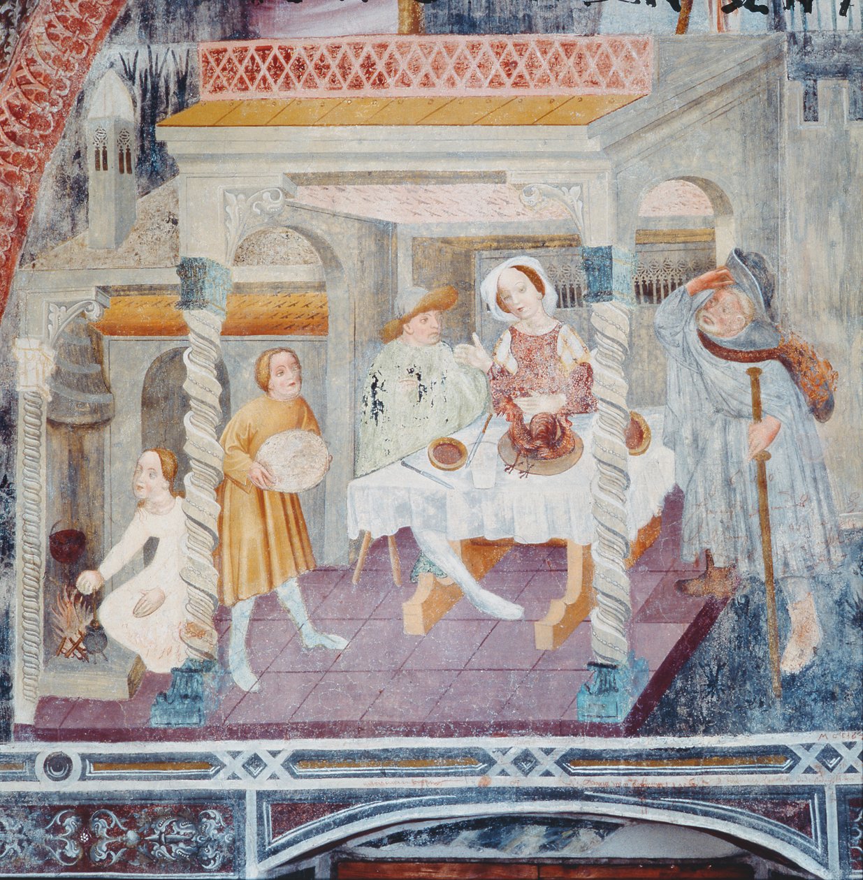 St. Jakobus betritt ein Haus während einer Mahlzeit, aus der Geschichte von St. Jakobus von Italian School