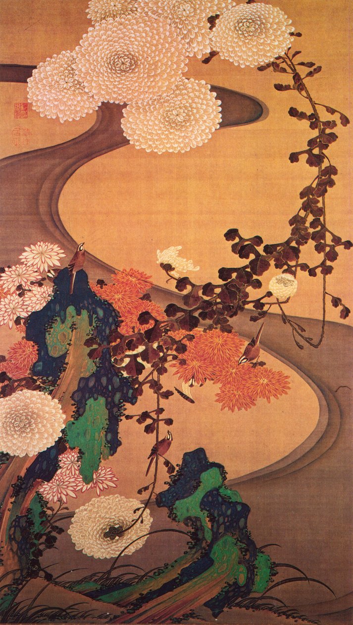 Chrysanthemen an einem Bach, mit Felsen von Ito Jakachu