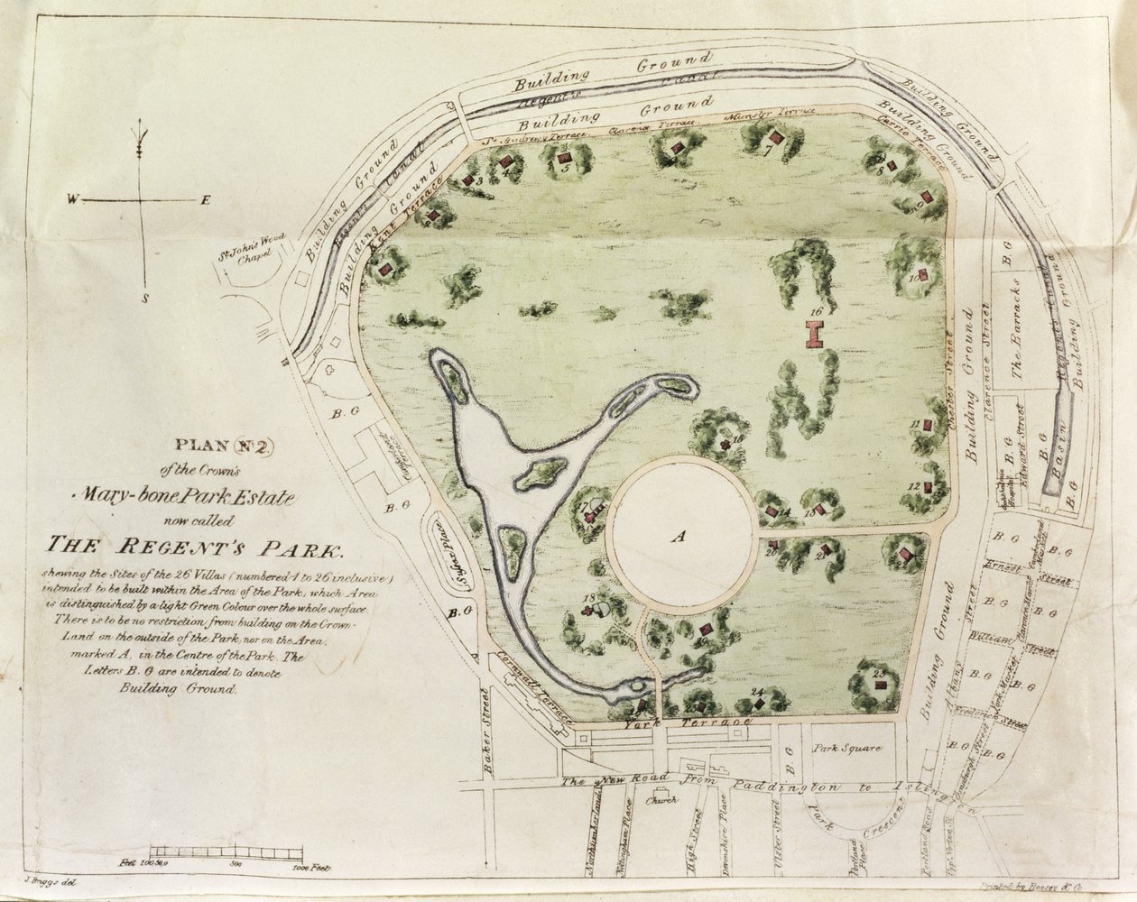 Plan von Regents Park, gedruckt von Boosey & Co., 1822 von J. Briggs