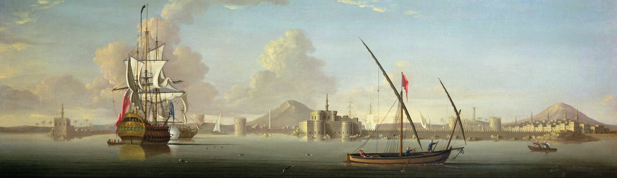 Ein weiter Blick auf den Hafen von Alexandria mit einem britischen Kriegsschiff vor Anker von J. Cook