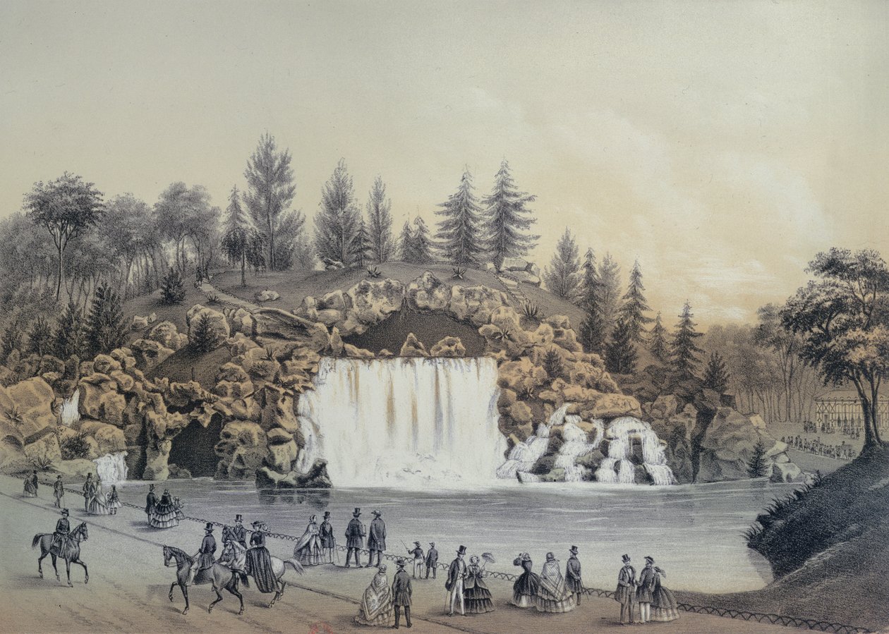Die große Kaskade im Bois de Boulogne in Paris, veröffentlicht von Caudrilier, 1860 von J. Walter