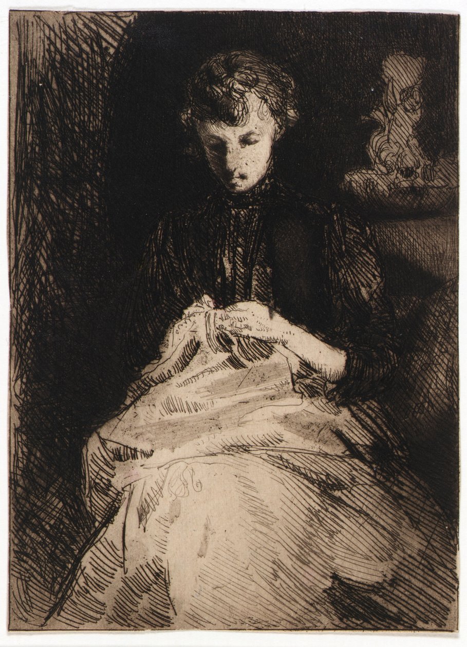 Sitzende Frau beim Nähen von J. Alden Weir