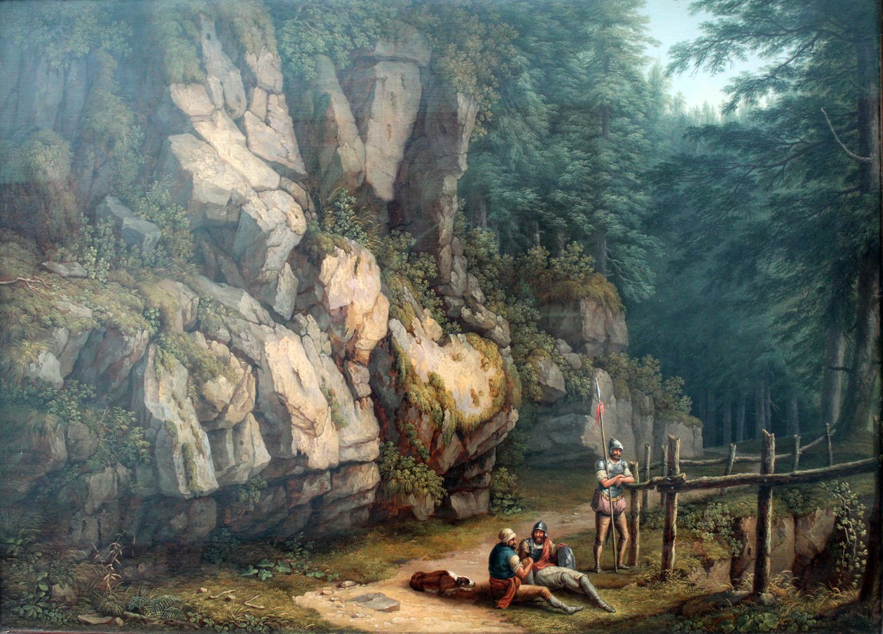 Zwei Krieger in einer Landschaft mit Bäumen und Felsen von Jacob Philippe Hackert