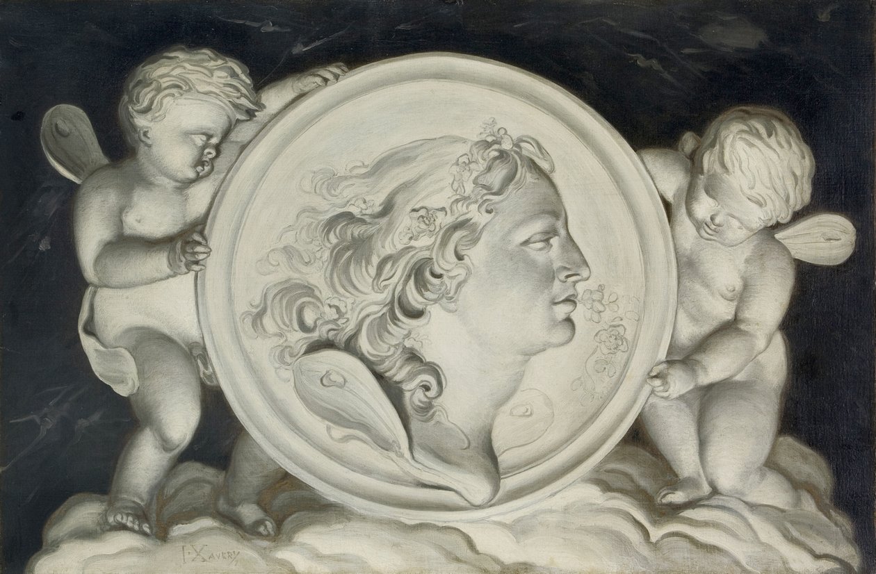 Zephyr in einem bemalten Rundel, unterstützt von Putti, die auf Wolken schweben von Jacob Xavery