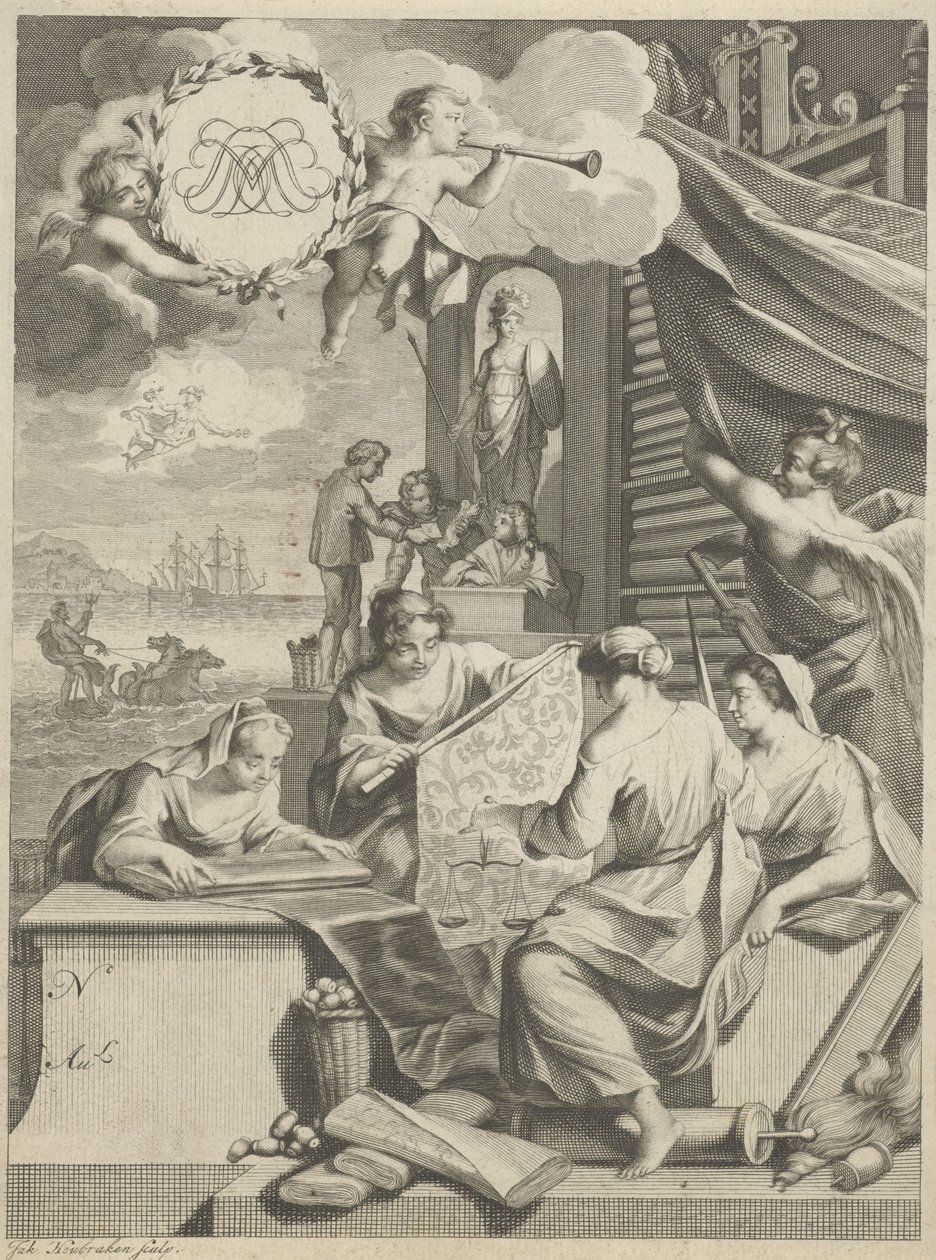 Seidenhandel und allegorische Figuren von Jacob Houbraken