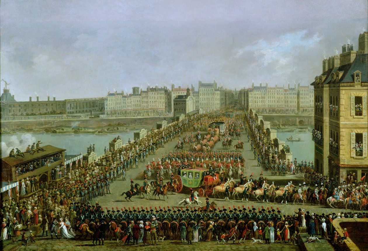 Die kaiserliche Prozession kehrt zur heiligen Zeremonie am 2. Dezember 1804 nach Notre Dame zurück, Überquerung der Pont-Neuf von Jacques Bertaux