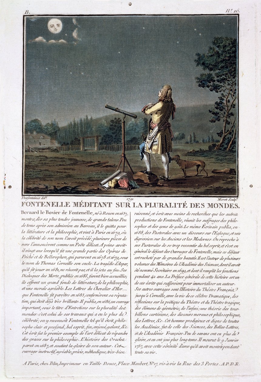 Bernard le Bovier de Fontenelle (1657-1757) betrachtet die Vielzahl der Welten, graviert von Jean Baptiste Morret, 1791 von Jacques Francois Joseph Swebach