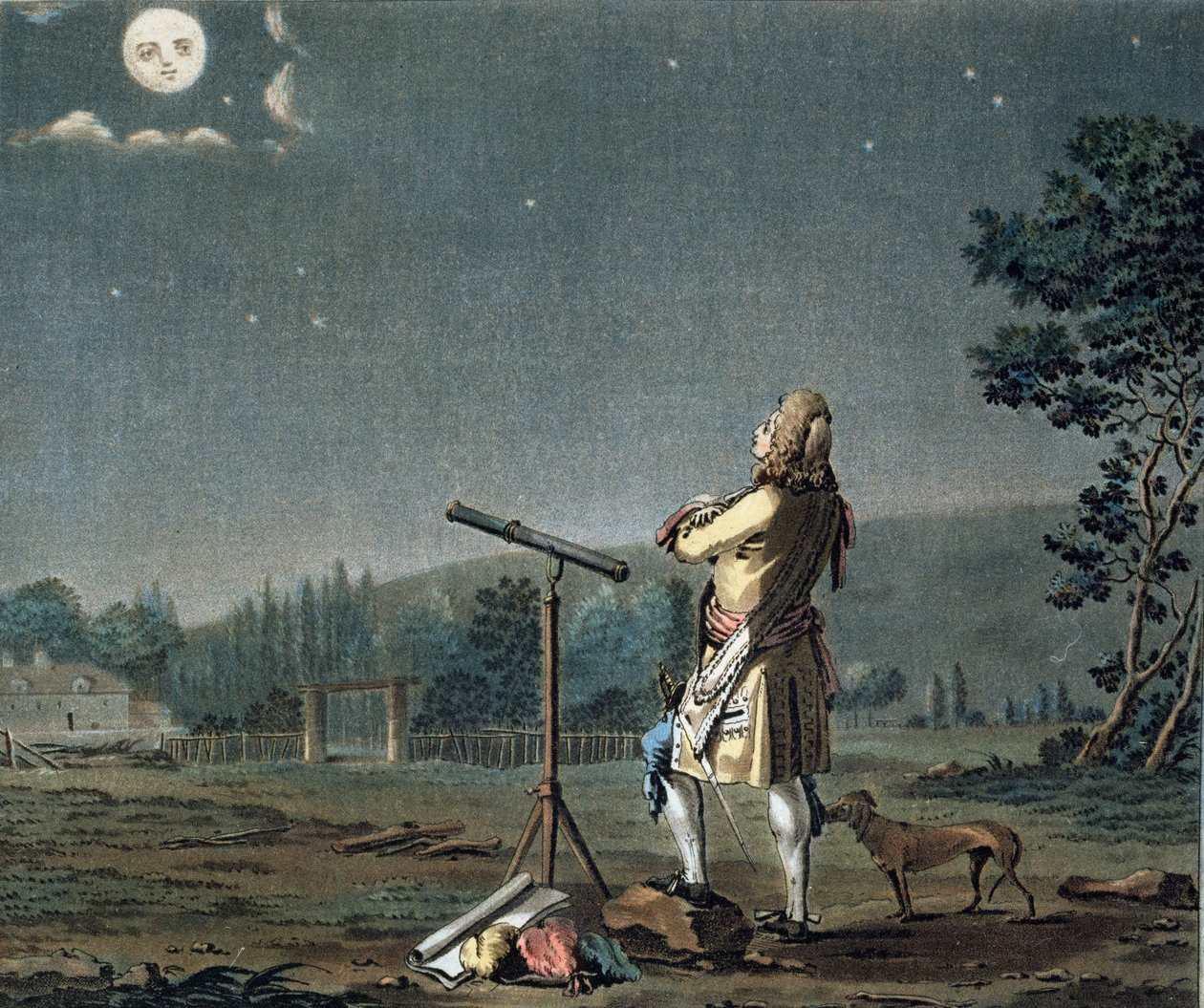 Bernard le Bovier de Fontenelle (1657-1757) betrachtet die Vielzahl der Welten, graviert von Jean Baptiste Morret (fl.1790-1820) 1791 von Jacques Francois Joseph Swebach