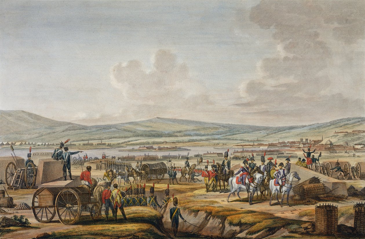 Napoleon besucht die Belagerungswerke in Danzig, geführt von Marschall Le Febvre, 9. Mai 1807, graviert von Francois Jacques Dequevauviller von Jacques Francois Joseph Swebach