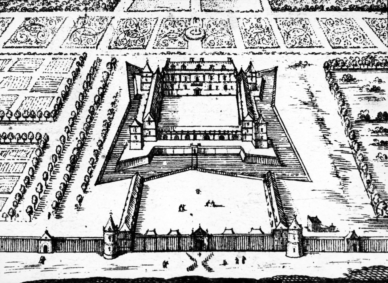 Ansicht der königlichen Jagdhütte in Versailles, wie sie in den späten 1620er und 1630er Jahren war, gebaut für König Ludwig XIII., 1652 von Jacques Gomboust